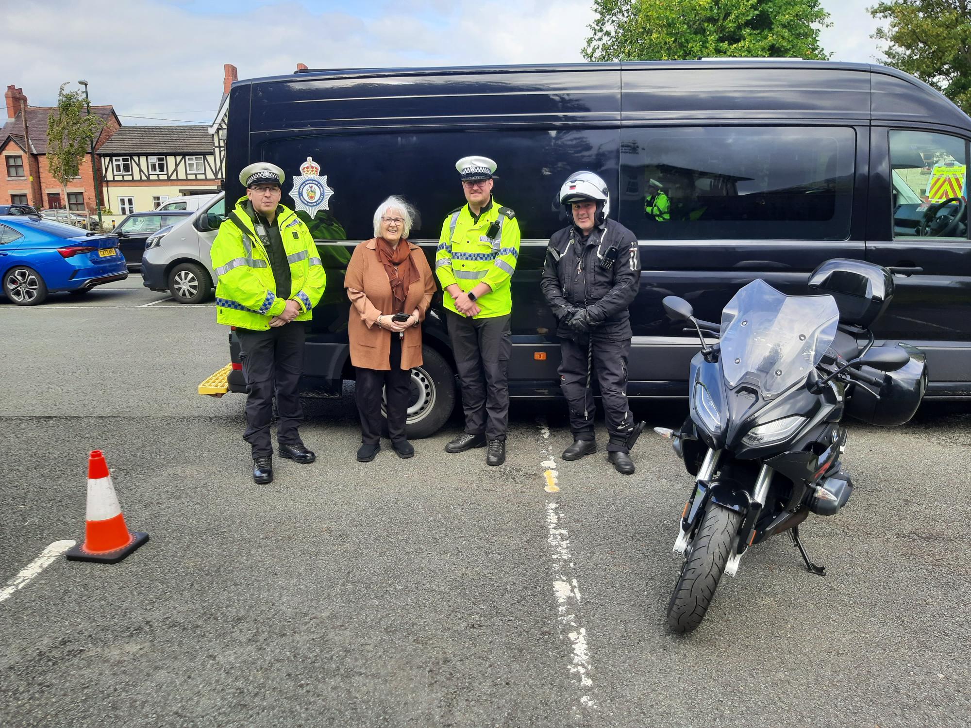 Cllr Pat Astbury of Denbighshire County Council is pictured with Roads Crime Unit officers.